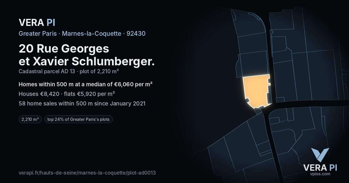 20 Rue Georges et Xavier Schlumberger, Marnes-la-Coquette at night – the plot lit, the parcels around coloured by the prices near them