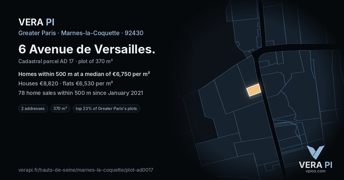 6 Avenue de Versailles, Marnes-la-Coquette at night – the plot lit, the parcels around coloured by the prices near them