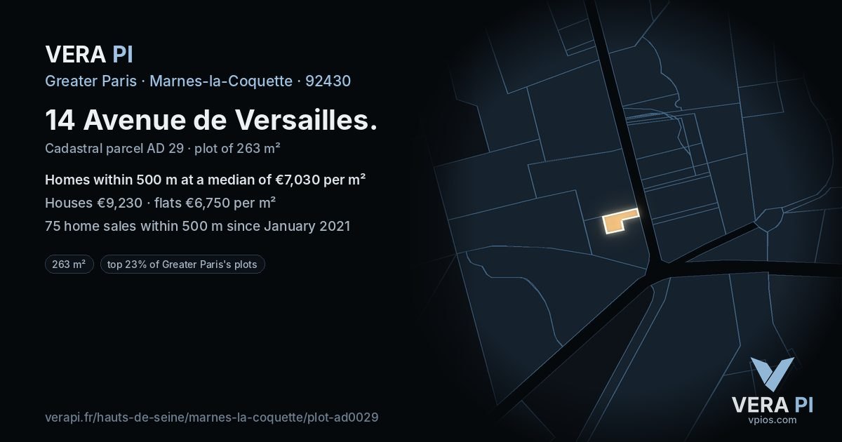 14 Avenue de Versailles, Marnes-la-Coquette at night – the plot lit, the parcels around coloured by the prices near them