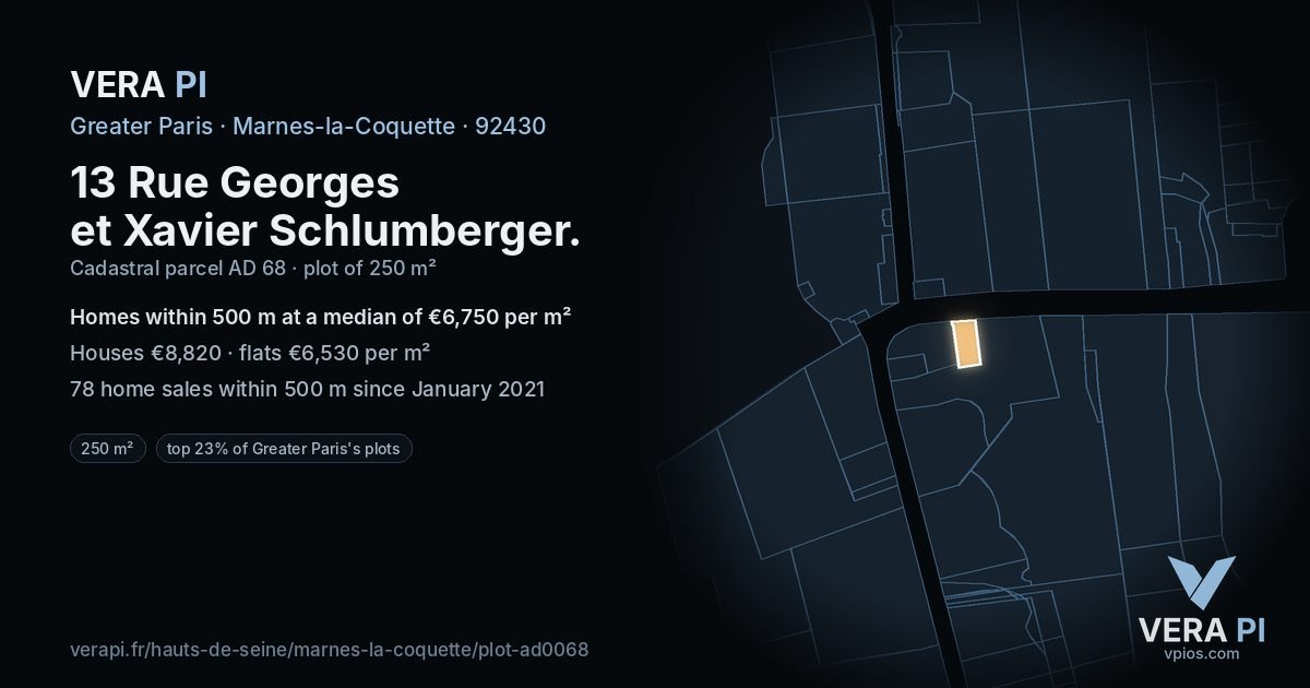 13 Rue Georges et Xavier Schlumberger, Marnes-la-Coquette at night – the plot lit, the parcels around coloured by the prices near them