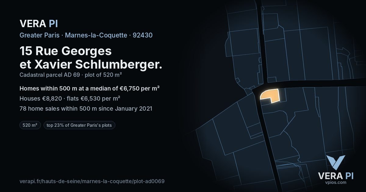 15 Rue Georges et Xavier Schlumberger, Marnes-la-Coquette at night – the plot lit, the parcels around coloured by the prices near them