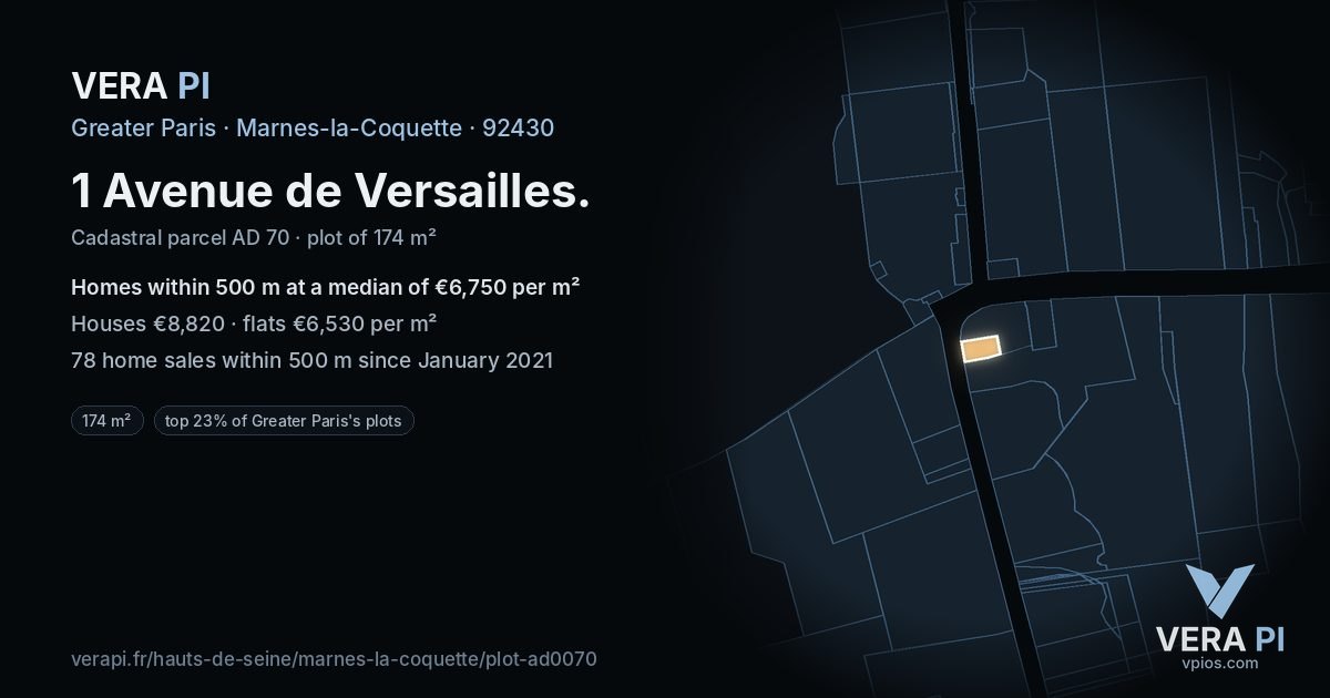 1 Avenue de Versailles, Marnes-la-Coquette at night – the plot lit, the parcels around coloured by the prices near them