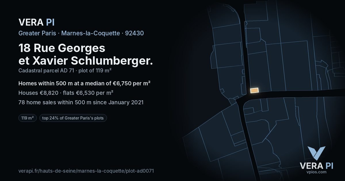18 Rue Georges et Xavier Schlumberger, Marnes-la-Coquette at night – the plot lit, the parcels around coloured by the prices near them