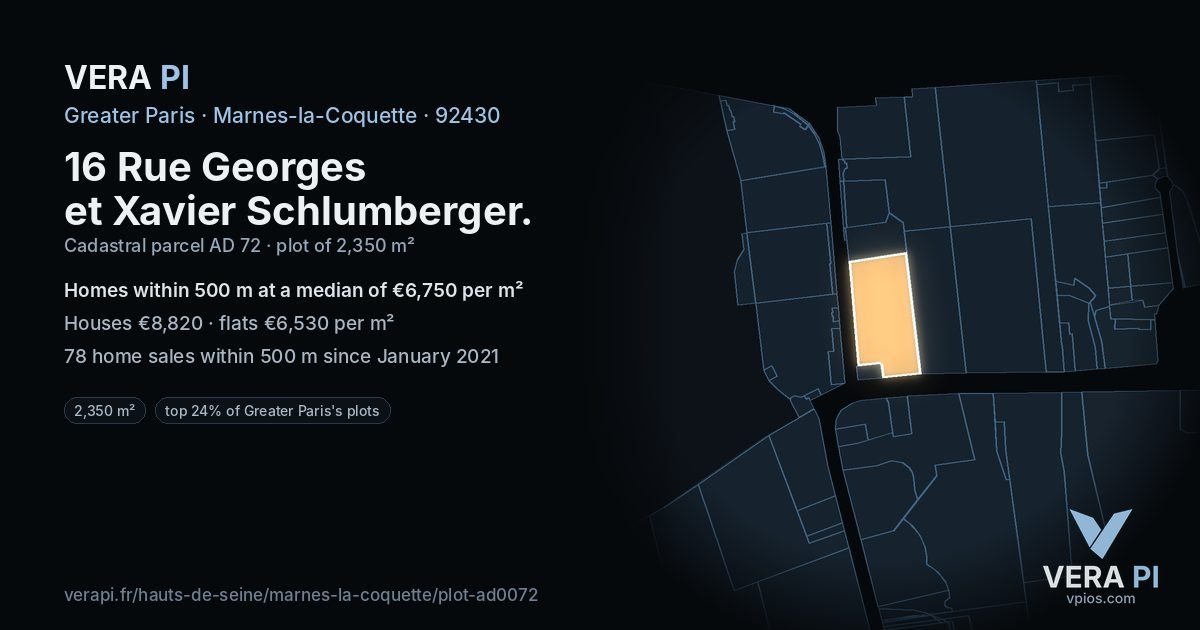 16 Rue Georges et Xavier Schlumberger, Marnes-la-Coquette at night – the plot lit, the parcels around coloured by the prices near them