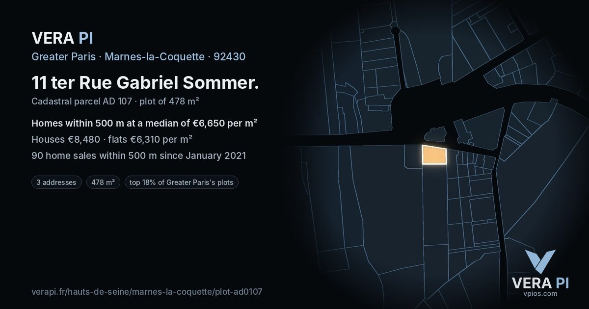 11 ter Rue Gabriel Sommer, Marnes-la-Coquette at night – the plot lit, the parcels around coloured by the prices near them