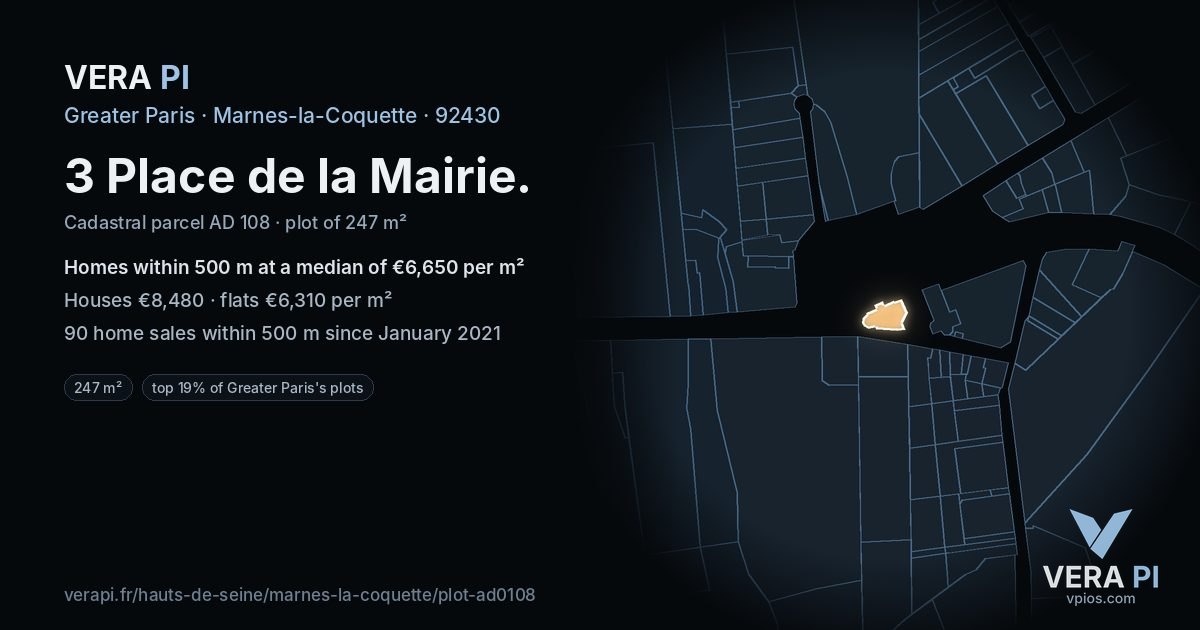 3 Place de la Mairie, Marnes-la-Coquette at night – the plot lit, the parcels around coloured by the prices near them