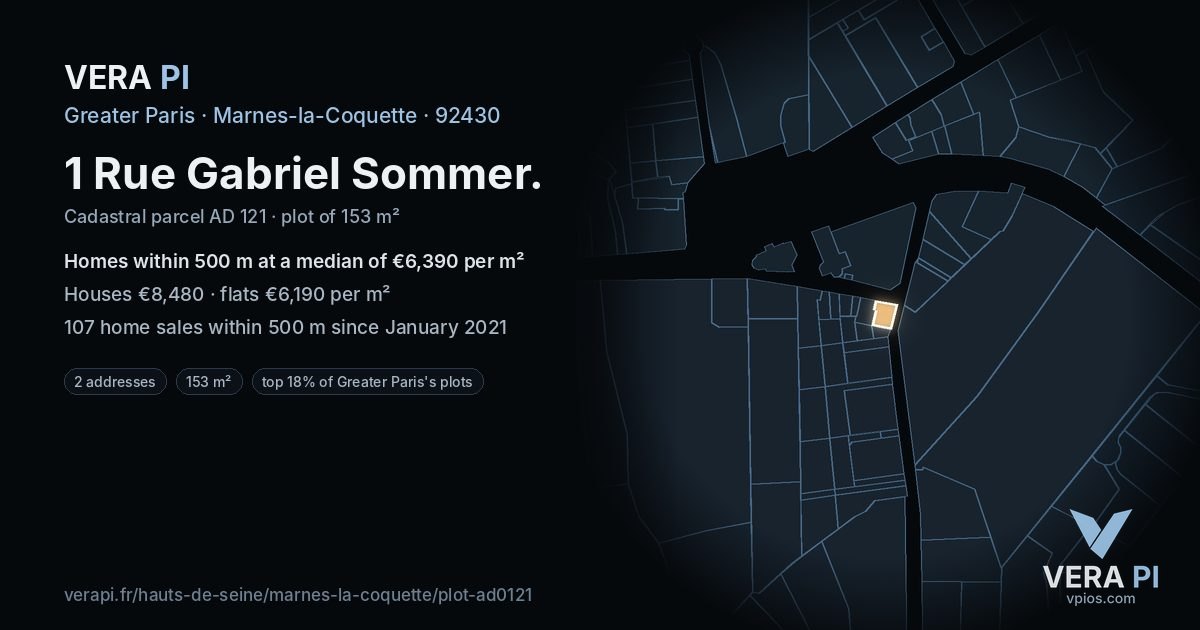 1 Rue Gabriel Sommer, Marnes-la-Coquette at night – the plot lit, the parcels around coloured by the prices near them