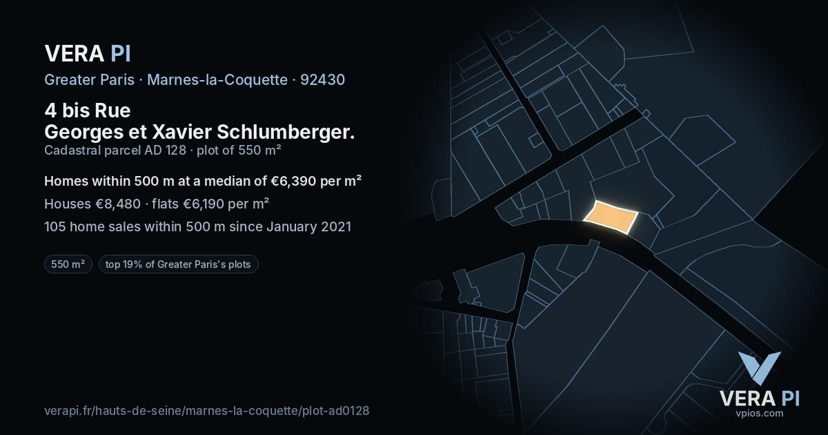 4 bis Rue Georges et Xavier Schlumberger, Marnes-la-Coquette at night – the plot lit, the parcels around coloured by the prices near them