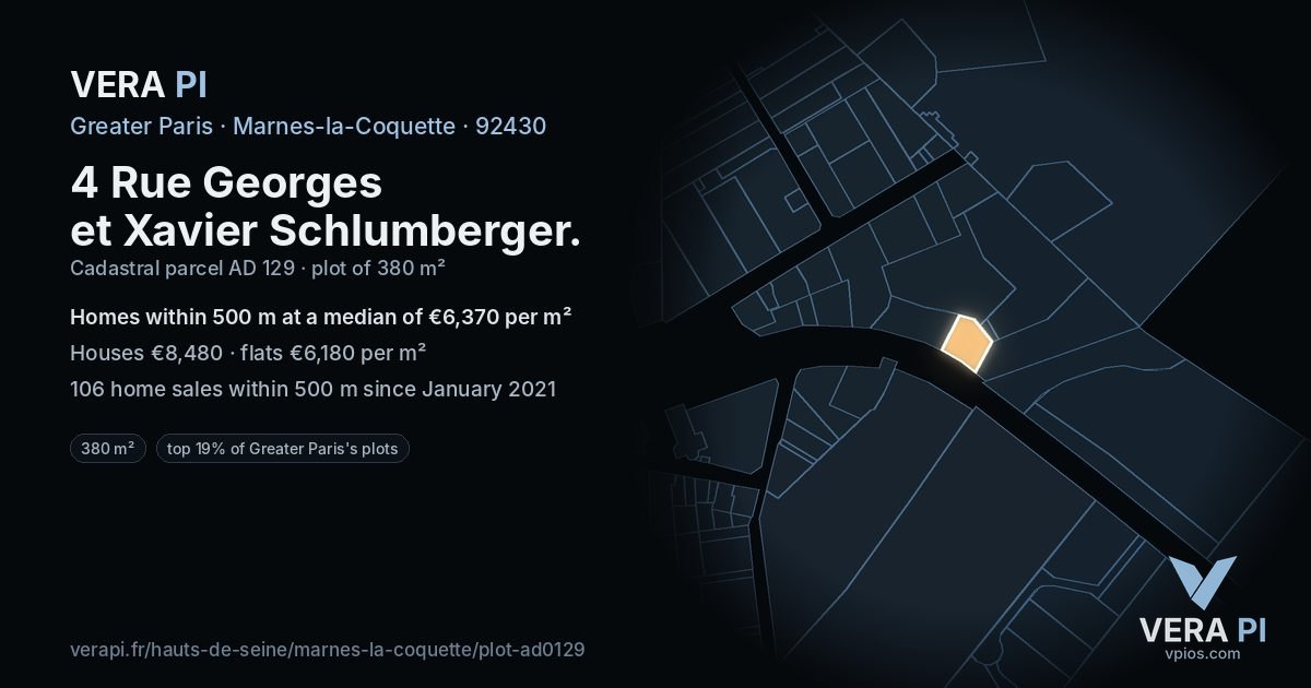 4 Rue Georges et Xavier Schlumberger, Marnes-la-Coquette at night – the plot lit, the parcels around coloured by the prices near them