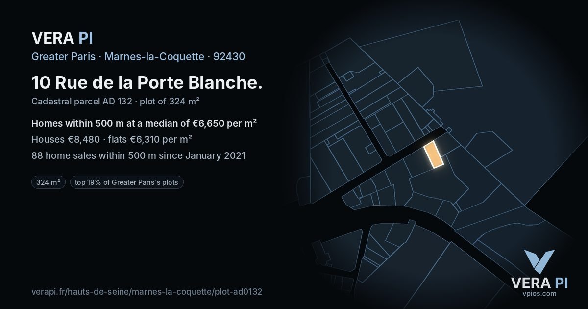 10 Rue de la Porte Blanche, Marnes-la-Coquette at night – the plot lit, the parcels around coloured by the prices near them
