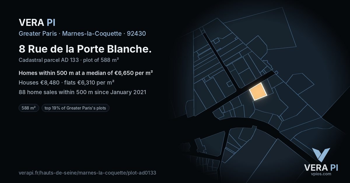 8 Rue de la Porte Blanche, Marnes-la-Coquette at night – the plot lit, the parcels around coloured by the prices near them