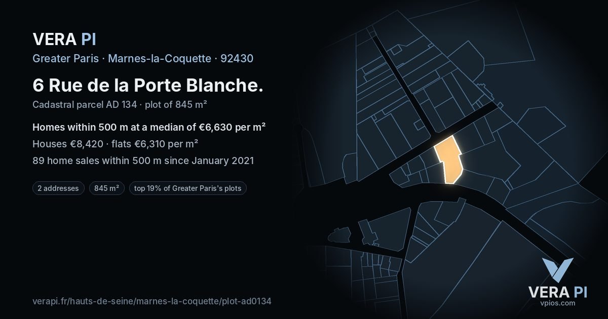 6 Rue de la Porte Blanche, Marnes-la-Coquette at night – the plot lit, the parcels around coloured by the prices near them