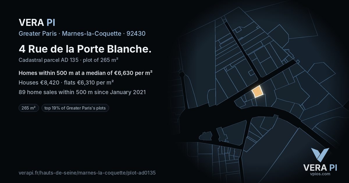 4 Rue de la Porte Blanche, Marnes-la-Coquette at night – the plot lit, the parcels around coloured by the prices near them