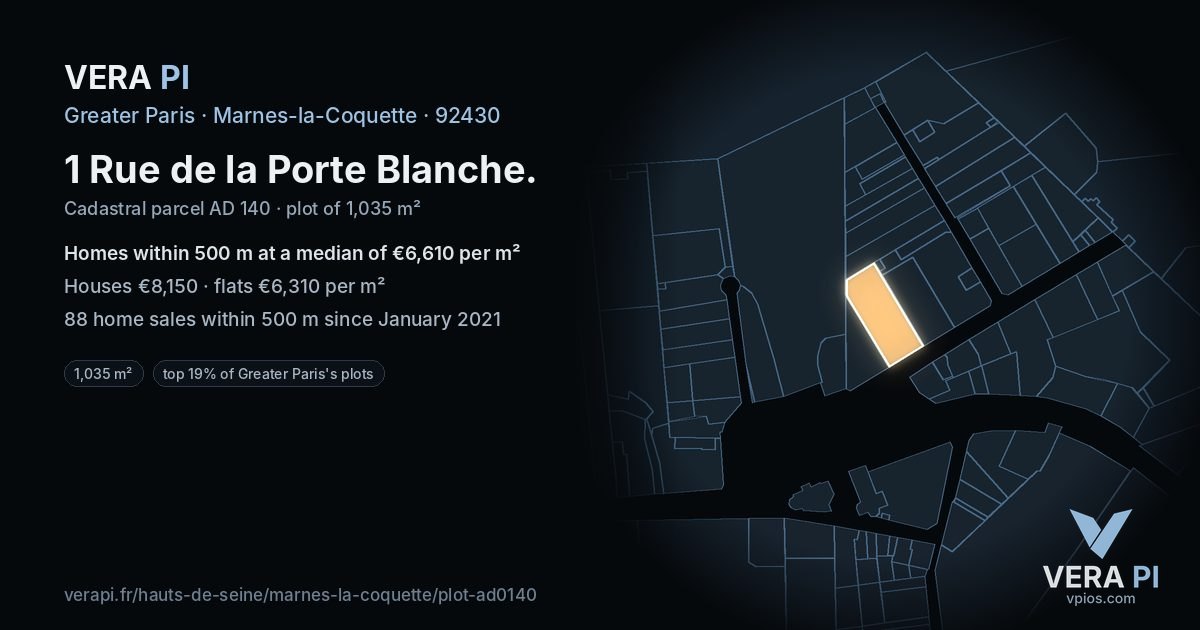 1 Rue de la Porte Blanche, Marnes-la-Coquette at night – the plot lit, the parcels around coloured by the prices near them