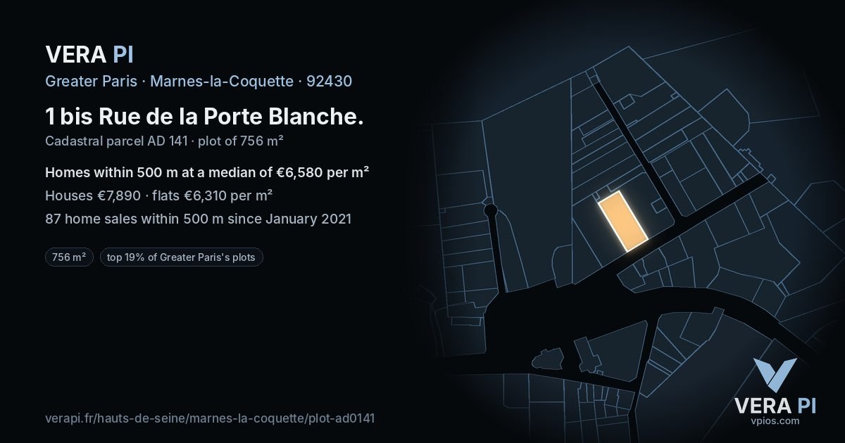 1 bis Rue de la Porte Blanche, Marnes-la-Coquette at night – the plot lit, the parcels around coloured by the prices near them