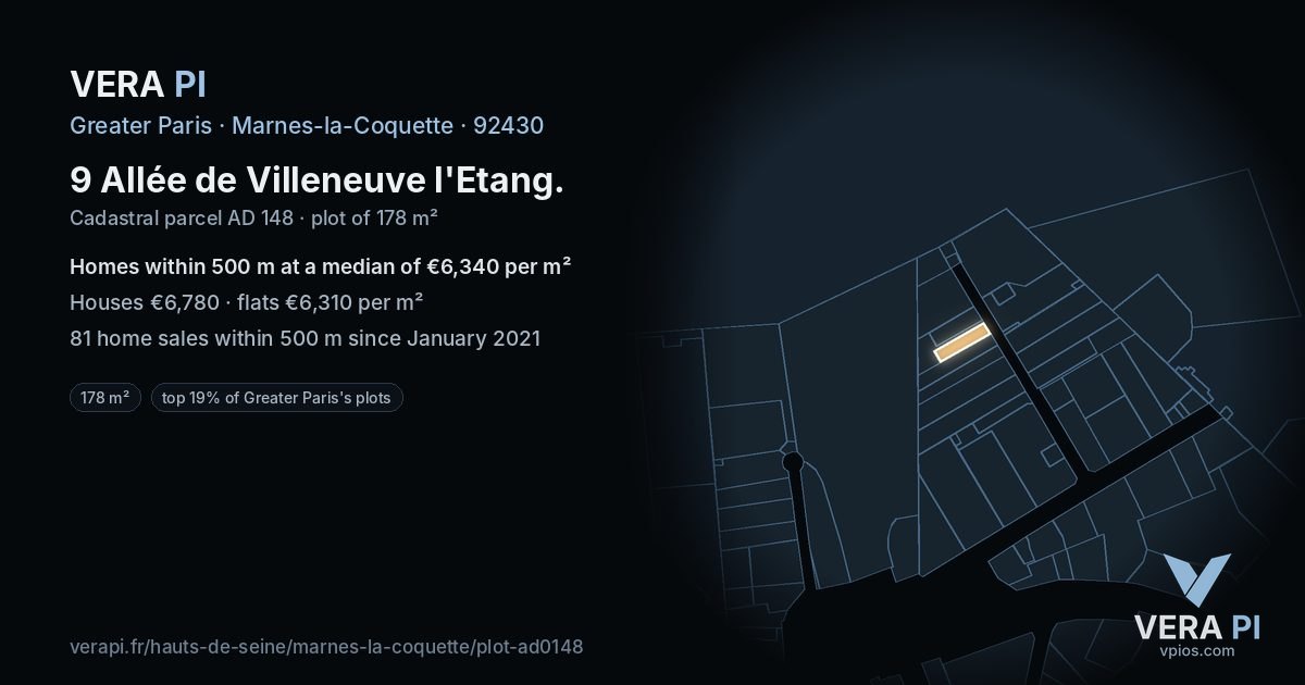 9 Allée de Villeneuve l'Etang, Marnes-la-Coquette at night – the plot lit, the parcels around coloured by the prices near them