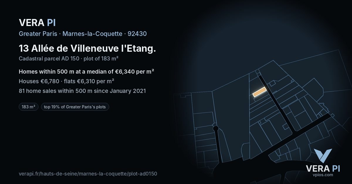 13 Allée de Villeneuve l'Etang, Marnes-la-Coquette at night – the plot lit, the parcels around coloured by the prices near them