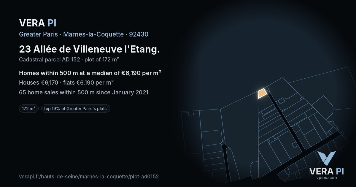 23 Allée de Villeneuve l'Etang, Marnes-la-Coquette at night – the plot lit, the parcels around coloured by the prices near them