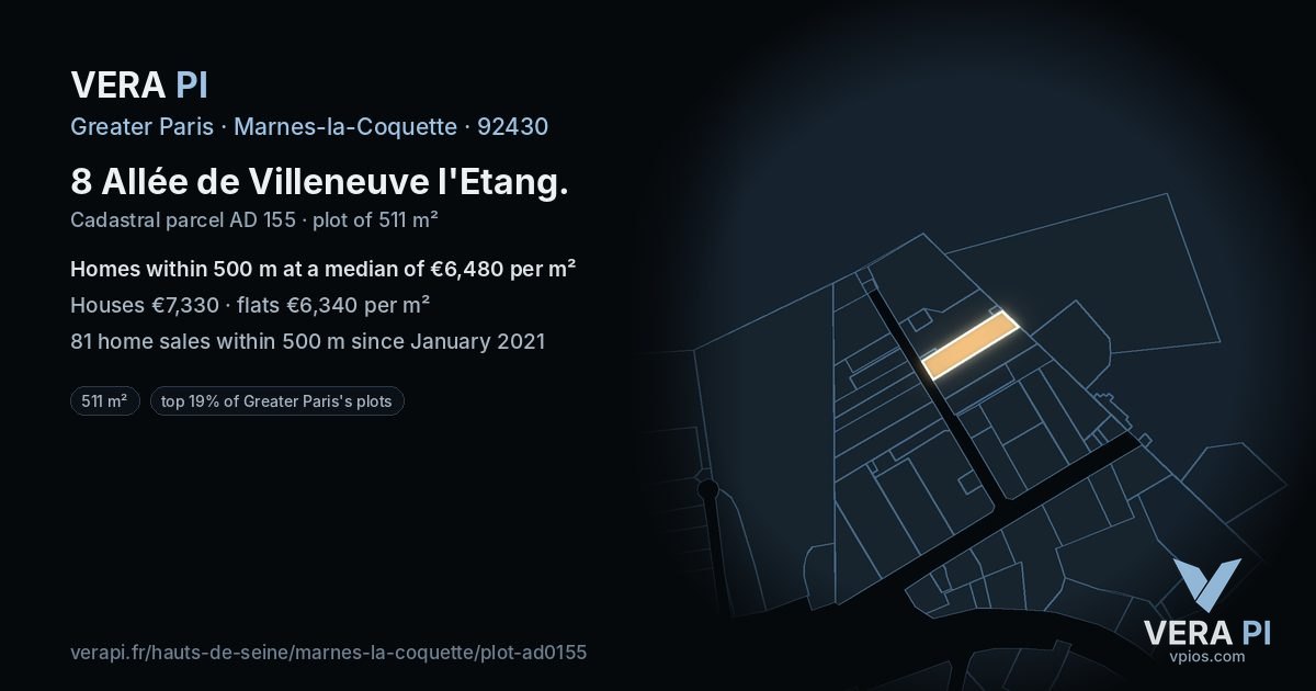 8 Allée de Villeneuve l'Etang, Marnes-la-Coquette at night – the plot lit, the parcels around coloured by the prices near them