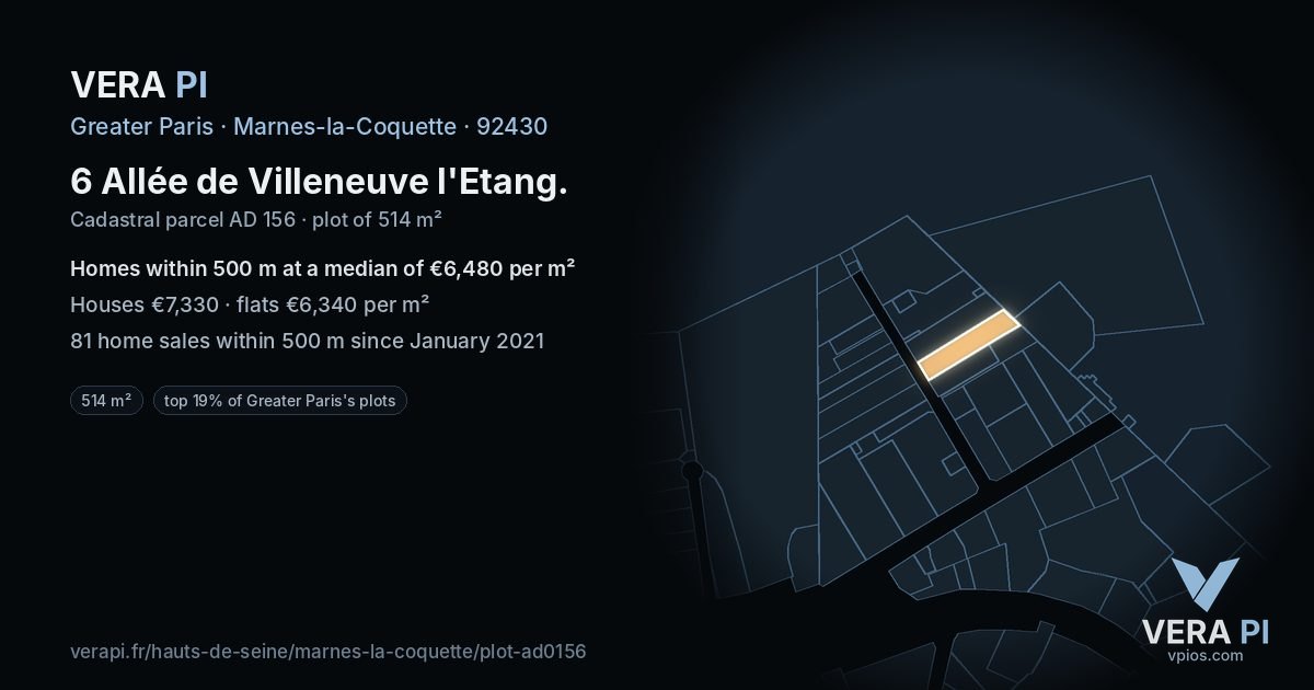 6 Allée de Villeneuve l'Etang, Marnes-la-Coquette at night – the plot lit, the parcels around coloured by the prices near them