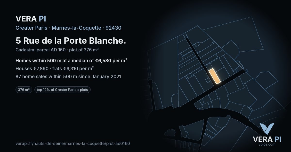 5 Rue de la Porte Blanche, Marnes-la-Coquette at night – the plot lit, the parcels around coloured by the prices near them