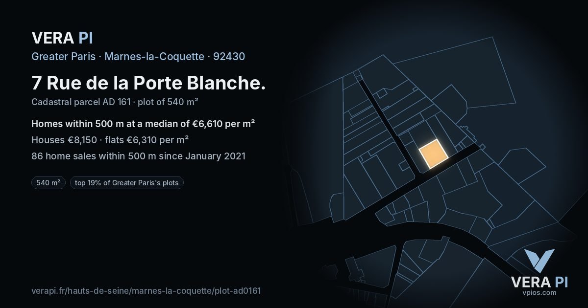 7 Rue de la Porte Blanche, Marnes-la-Coquette at night – the plot lit, the parcels around coloured by the prices near them
