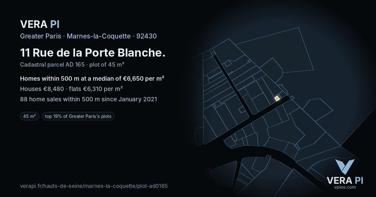 11 Rue de la Porte Blanche, Marnes-la-Coquette at night – the plot lit, the parcels around coloured by the prices near them