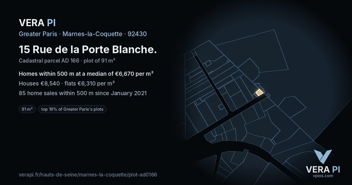 15 Rue de la Porte Blanche, Marnes-la-Coquette at night – the plot lit, the parcels around coloured by the prices near them