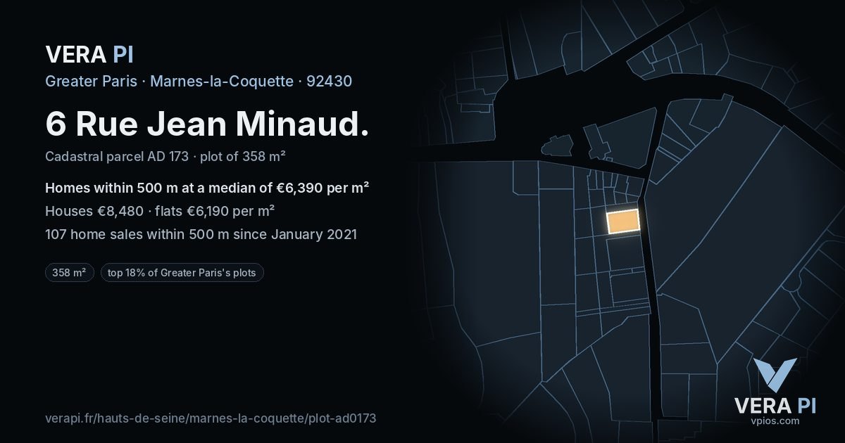 6 Rue Jean Minaud, Marnes-la-Coquette at night – the plot lit, the parcels around coloured by the prices near them