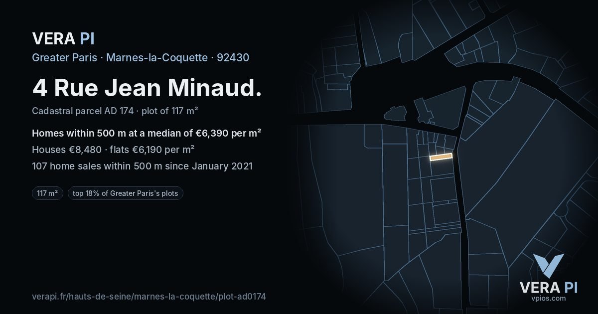 4 Rue Jean Minaud, Marnes-la-Coquette at night – the plot lit, the parcels around coloured by the prices near them