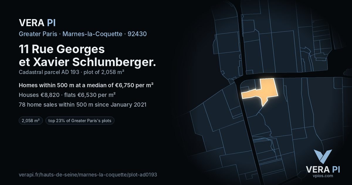 11 Rue Georges et Xavier Schlumberger, Marnes-la-Coquette at night – the plot lit, the parcels around coloured by the prices near them