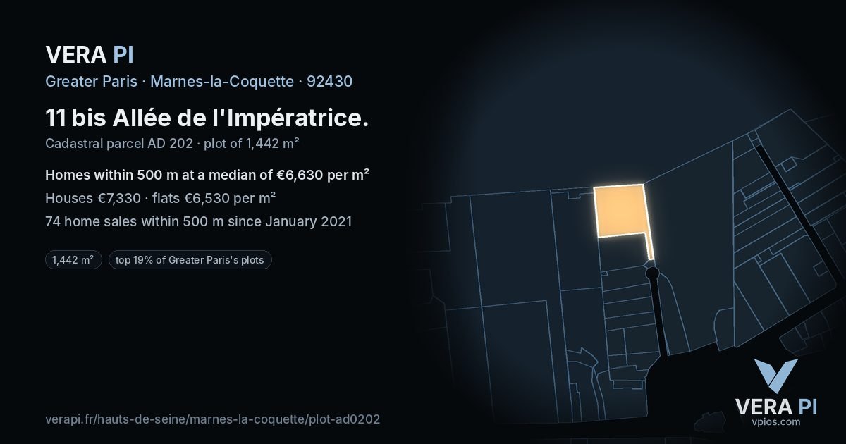 11 bis Allée de l'Impératrice, Marnes-la-Coquette at night – the plot lit, the parcels around coloured by the prices near them