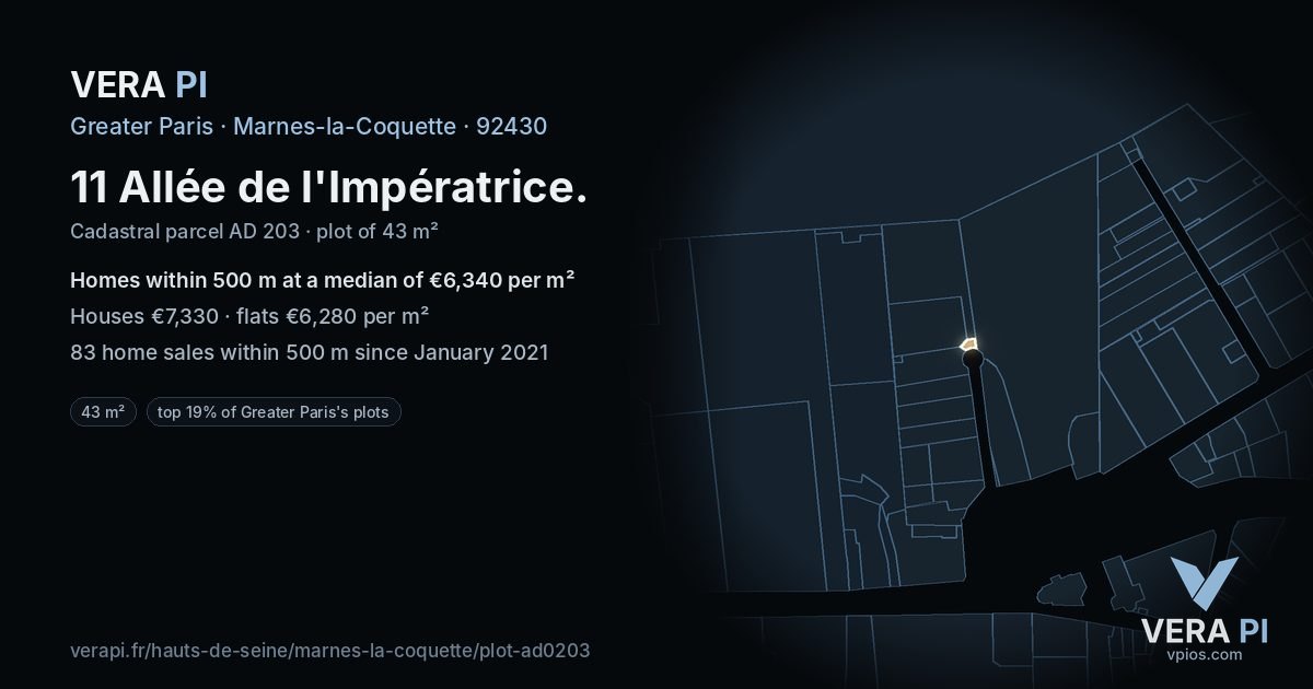 11 Allée de l'Impératrice, Marnes-la-Coquette at night – the plot lit, the parcels around coloured by the prices near them