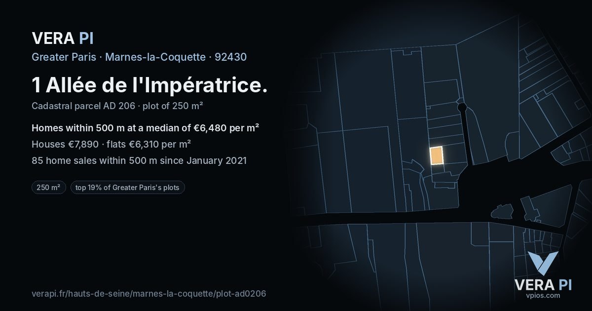 1 Allée de l'Impératrice, Marnes-la-Coquette at night – the plot lit, the parcels around coloured by the prices near them