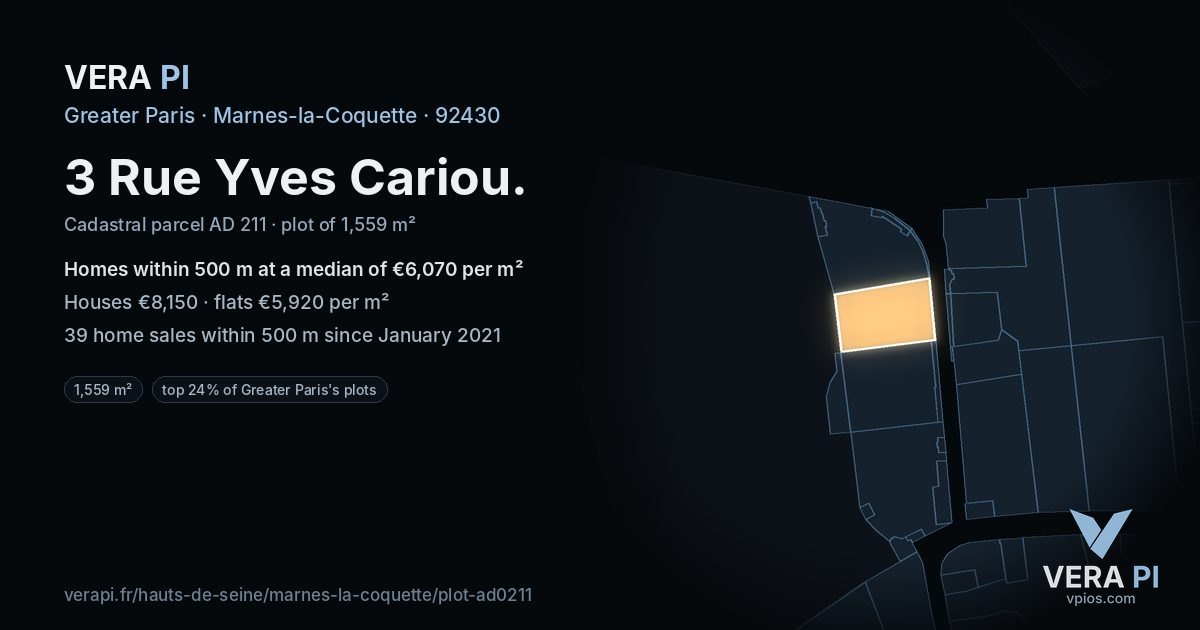3 Rue Yves Cariou, Marnes-la-Coquette at night – the plot lit, the parcels around coloured by the prices near them