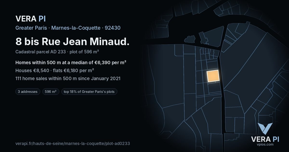 8 bis Rue Jean Minaud, Marnes-la-Coquette at night – the plot lit, the parcels around coloured by the prices near them