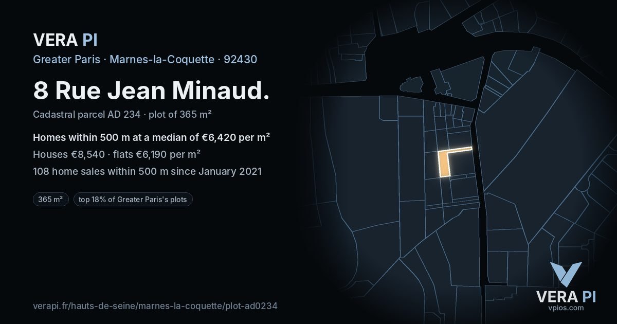 8 Rue Jean Minaud, Marnes-la-Coquette at night – the plot lit, the parcels around coloured by the prices near them
