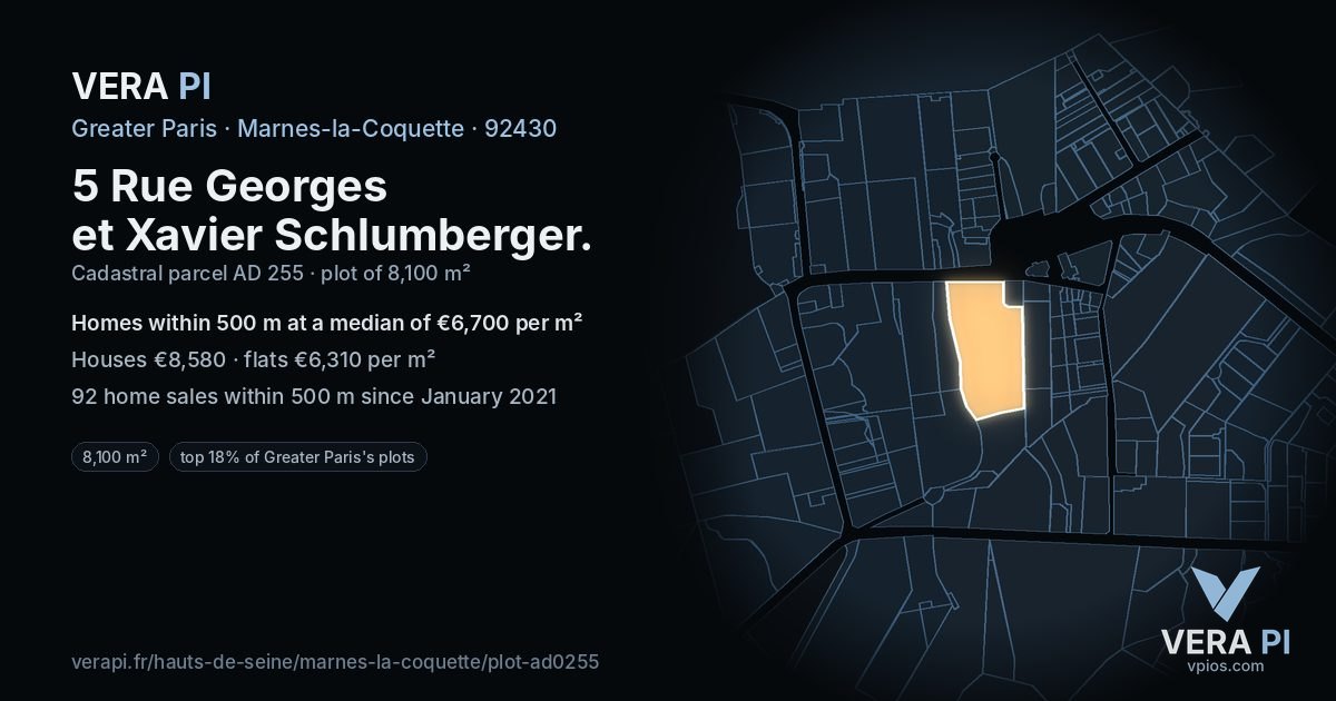 5 Rue Georges et Xavier Schlumberger, Marnes-la-Coquette at night – the plot lit, the parcels around coloured by the prices near them