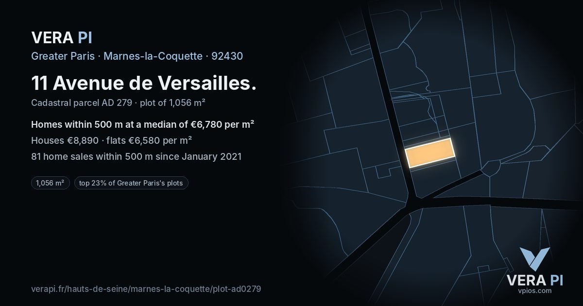 11 Avenue de Versailles, Marnes-la-Coquette at night – the plot lit, the parcels around coloured by the prices near them