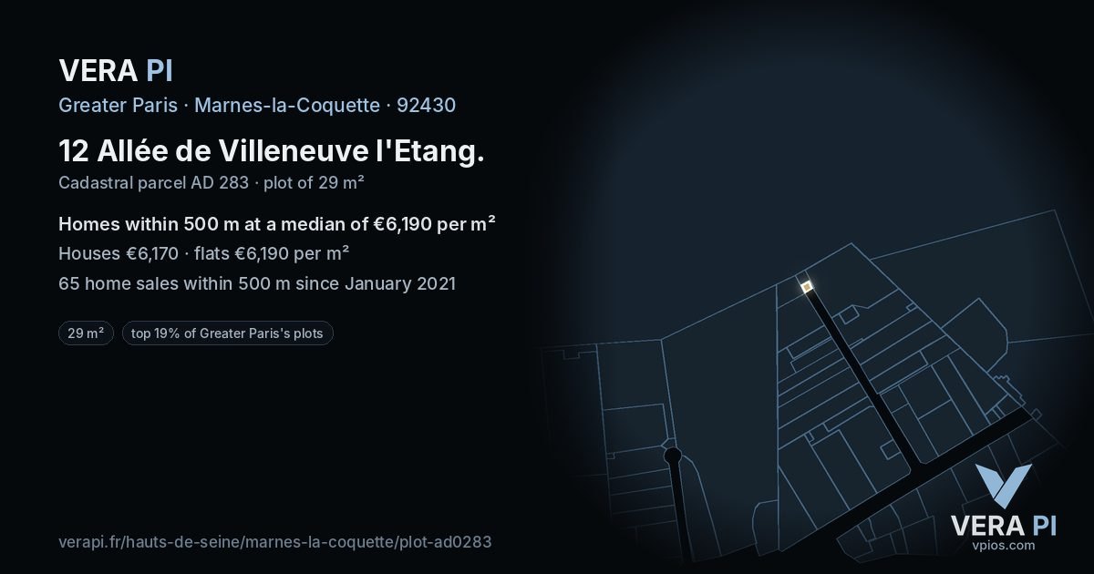 12 Allée de Villeneuve l'Etang, Marnes-la-Coquette at night – the plot lit, the parcels around coloured by the prices near them