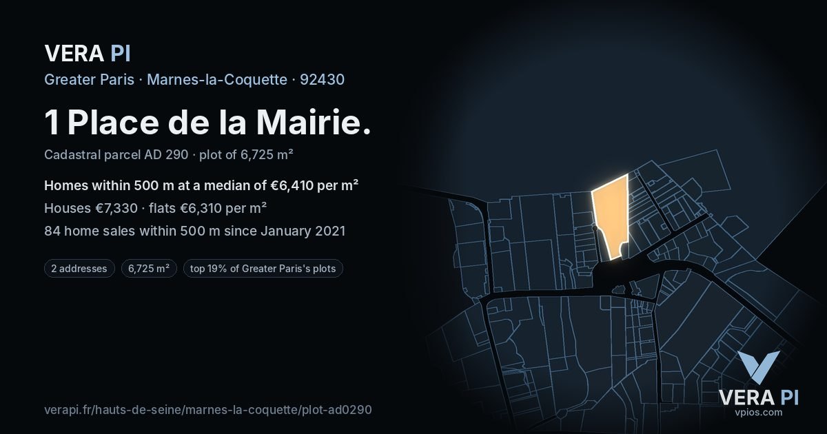 1 Place de la Mairie, Marnes-la-Coquette at night – the plot lit, the parcels around coloured by the prices near them