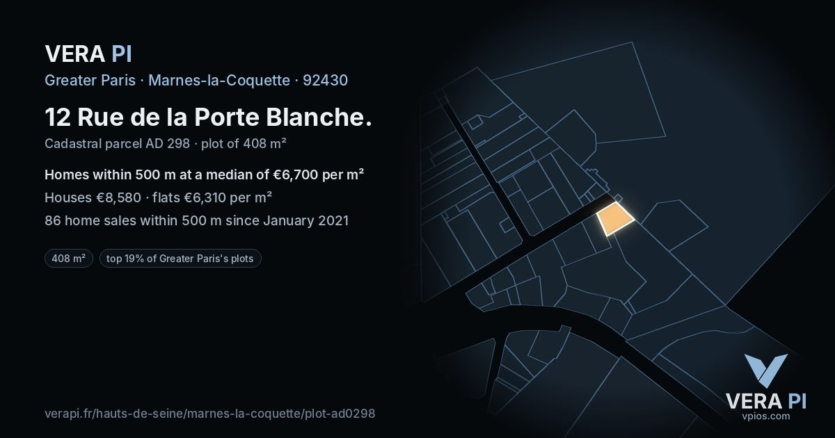 12 Rue de la Porte Blanche, Marnes-la-Coquette at night – the plot lit, the parcels around coloured by the prices near them