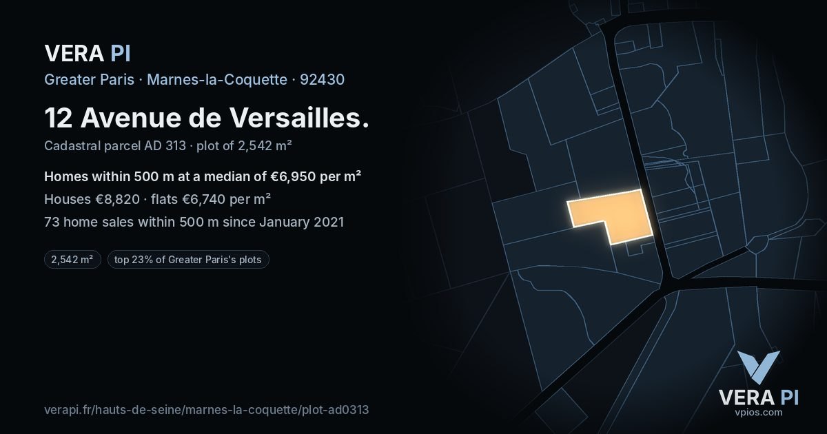 12 Avenue de Versailles, Marnes-la-Coquette at night – the plot lit, the parcels around coloured by the prices near them