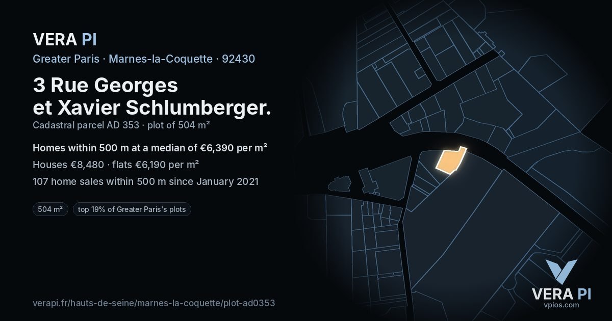 3 Rue Georges et Xavier Schlumberger, Marnes-la-Coquette at night – the plot lit, the parcels around coloured by the prices near them
