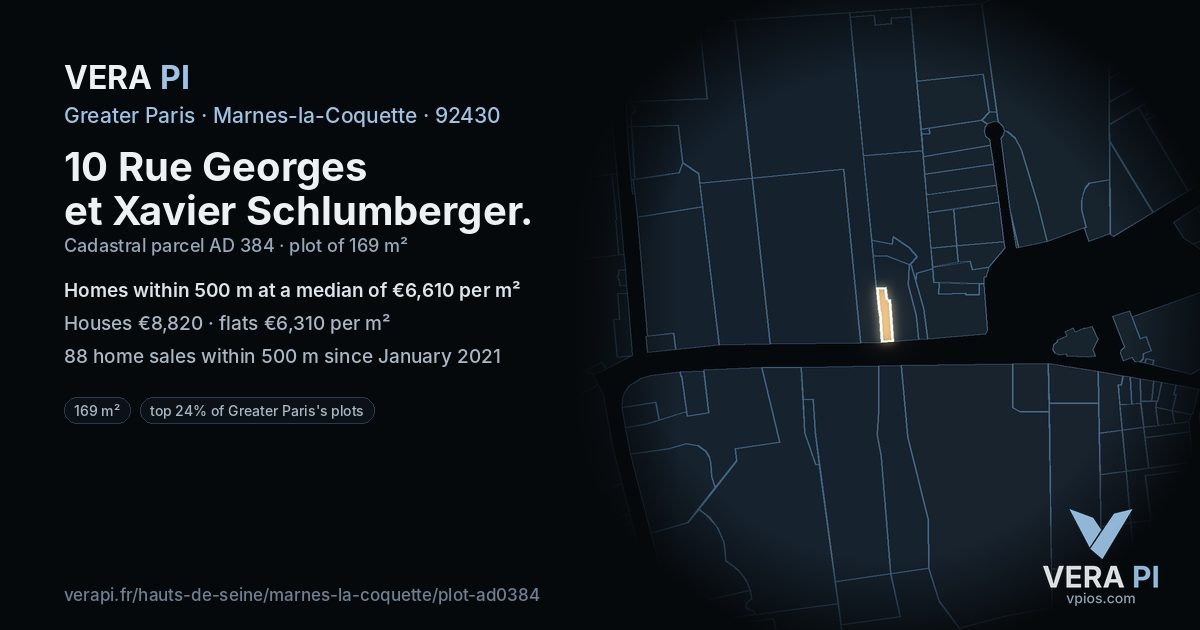 10 Rue Georges et Xavier Schlumberger, Marnes-la-Coquette at night – the plot lit, the parcels around coloured by the prices near them