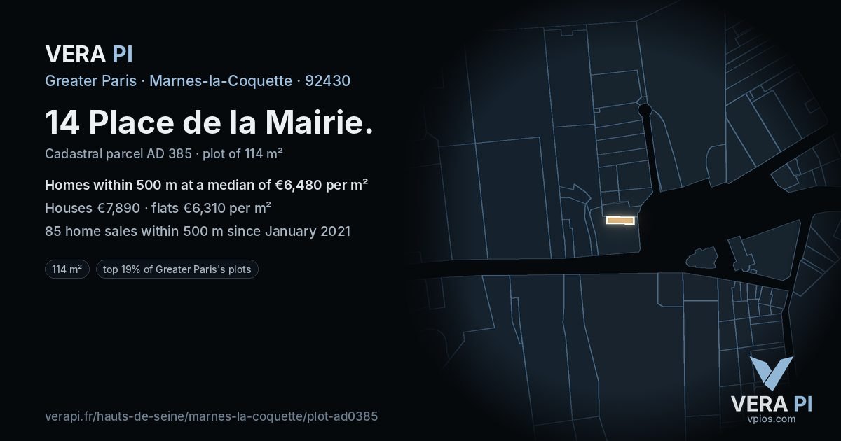 14 Place de la Mairie, Marnes-la-Coquette at night – the plot lit, the parcels around coloured by the prices near them