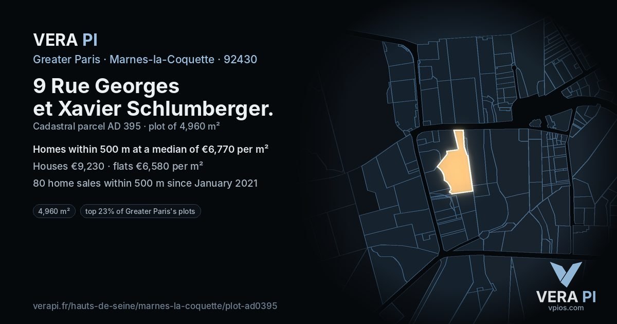 9 Rue Georges et Xavier Schlumberger, Marnes-la-Coquette at night – the plot lit, the parcels around coloured by the prices near them