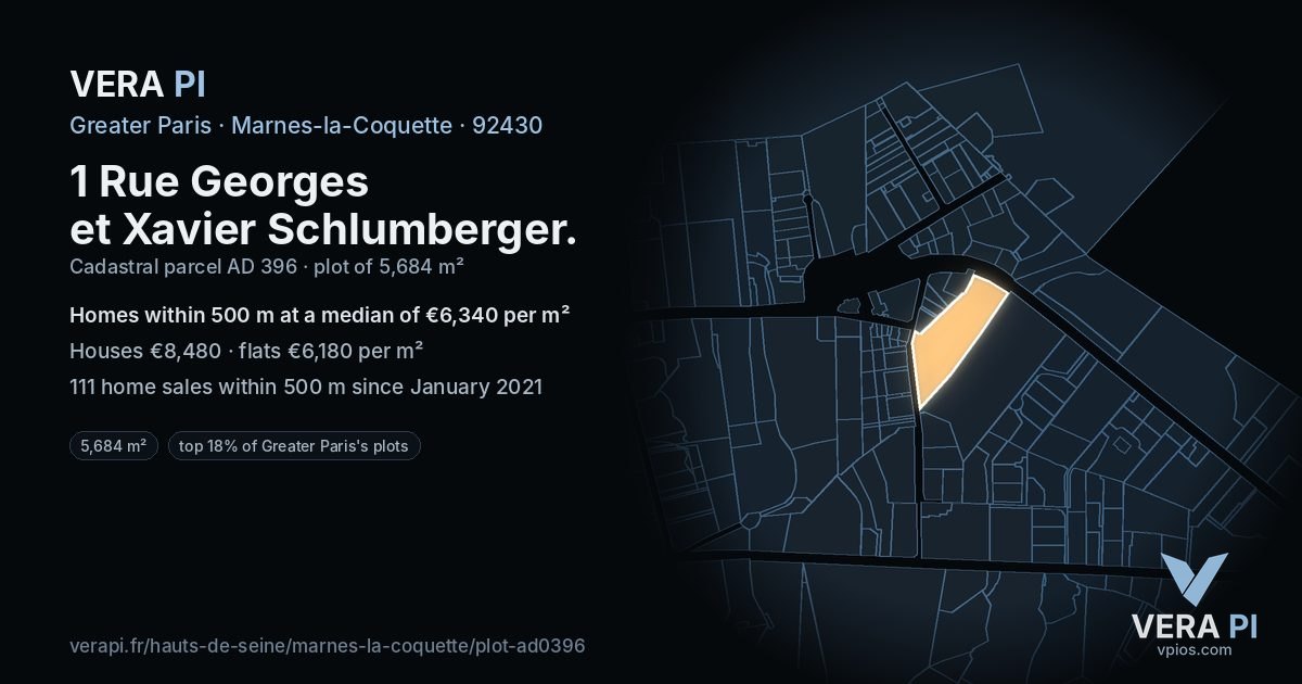 1 Rue Georges et Xavier Schlumberger, Marnes-la-Coquette at night – the plot lit, the parcels around coloured by the prices near them