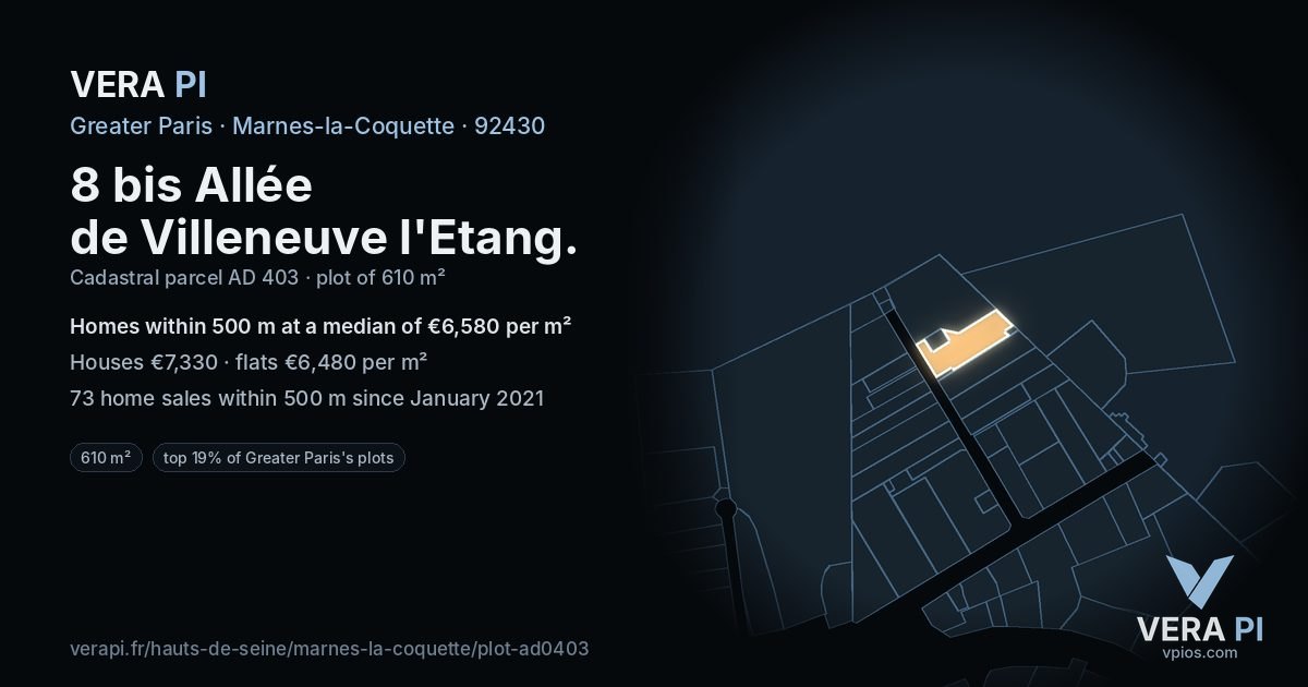 8 bis Allée de Villeneuve l'Etang, Marnes-la-Coquette at night – the plot lit, the parcels around coloured by the prices near them