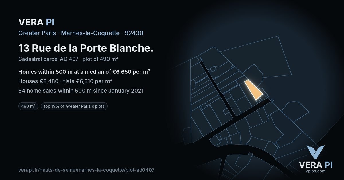 13 Rue de la Porte Blanche, Marnes-la-Coquette at night – the plot lit, the parcels around coloured by the prices near them